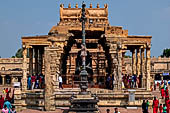 The great Chola temples of Tamil Nadu - The Brihadishwara Temple of Thanjavur. The open pavilion that shelters the huge monolithic Nandi. 